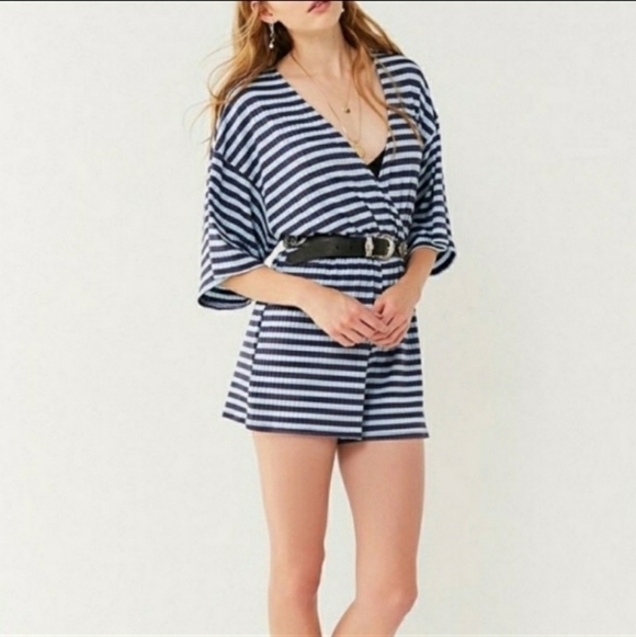 Urban Outfitters Pants - Urban Outfitters Knit Deep V Striped Blue Romper